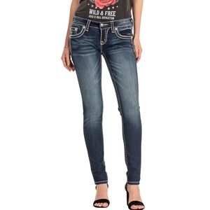 Miss Me size 28 medium wash skinny jeans, thick stitching, button flap pockets